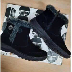 Black Suede Faux Fur Khombu Ankle Boots Side Zip Button Detail Womens sz 6